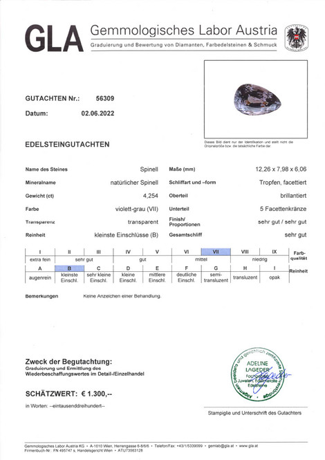 Gutachten zu Spinel pear untreated 4.25 ct