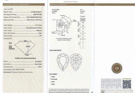 Gutachten zu Farbdiamant Tropfen brillantiert bräunlich gelb 1,17 ct.