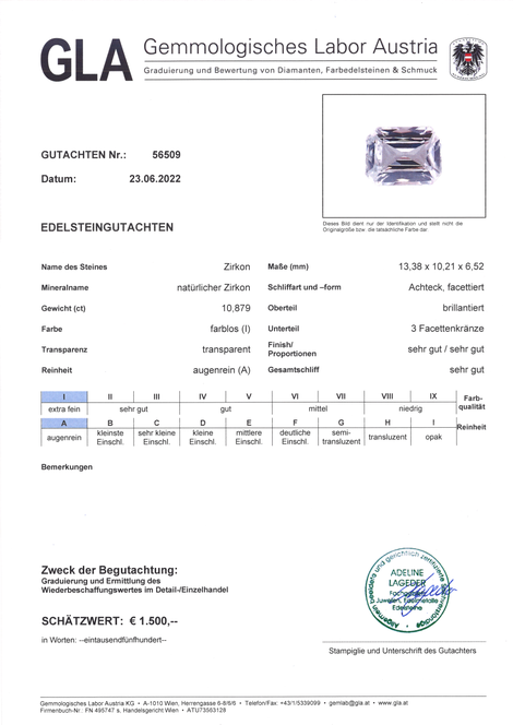 Gutachten zu Zirkon octagon farblos 10,87 ct.