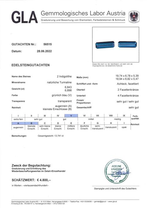 Gutachten zu Indigolith Duo Turmaline octagon blau 13,74 ct.