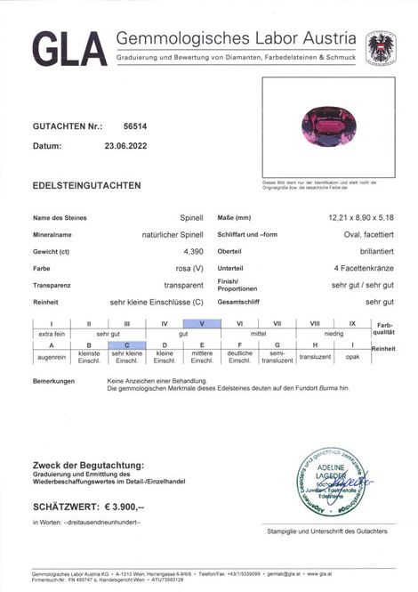 Gutachten zu Spinel oval purplish pink 4.39 ct