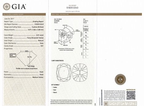 Gutachten zu Farbdiamant antik-brillantiert bräunlich gelb vs1 0,51 ct