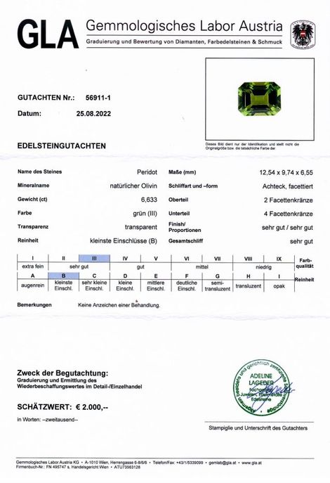 Gutachten zu Peridot octagon green untreated 6.63 ct.