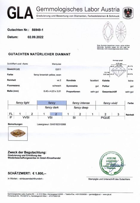 Gutachten zu Farbdiamant Navette brillantiert bräunlich gelb vs2 0,61 ct