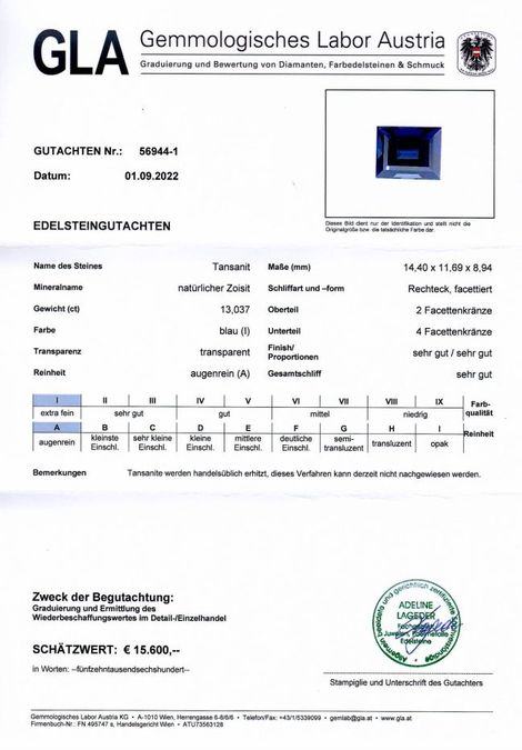 Gutachten zu Tansanit rechteck intensivblau 13,03 ct