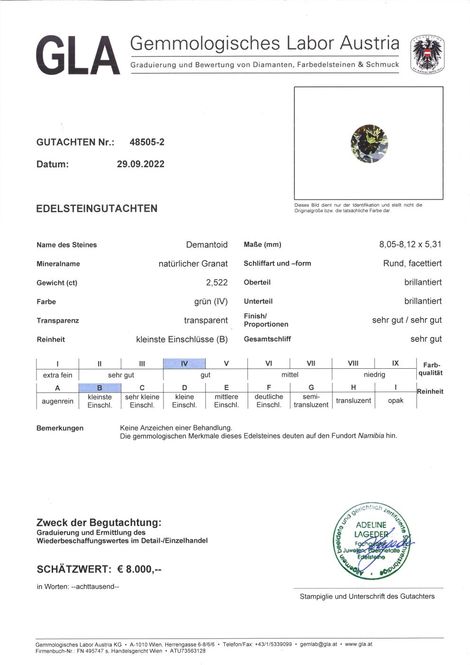 Gutachten zu Demantoid Granat rund-brillantiert 2,52 ct