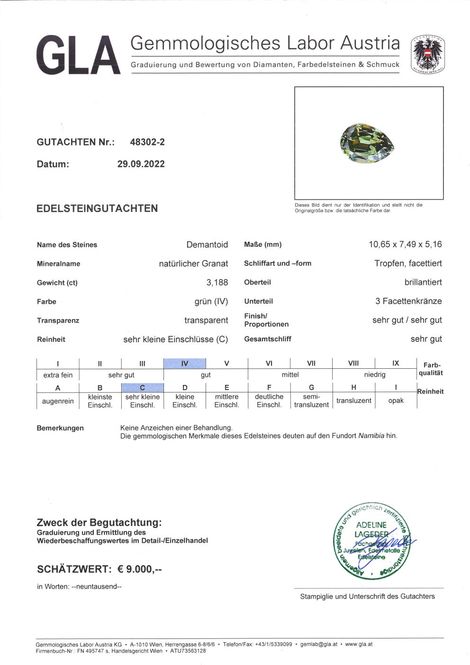 Gutachten zu Demantoid Granat Tropfen-grün-3,18 ct