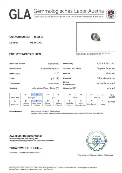 Gutachten zu Demantoid Granat Tropfen grün 1,17 ct