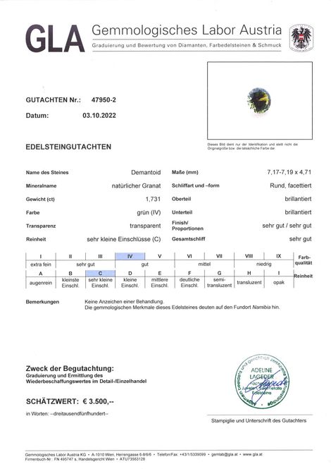 Gutachten zu Demantoid Granat rund-brillantiert grün 1,73 ct.