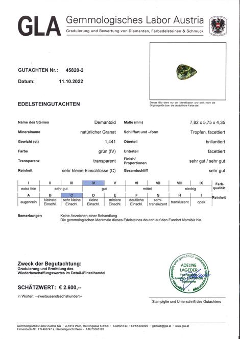 Gutachten zu Demantoid Tropfen grün 1,44 ct