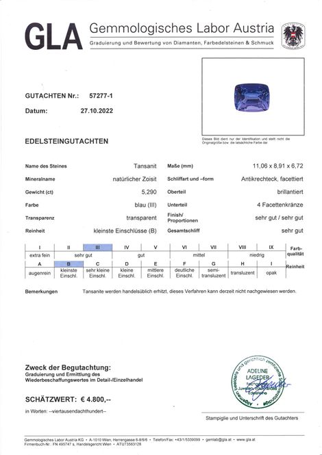 Gutachten zu Tansanit antik intensives Blau 5,29 ct