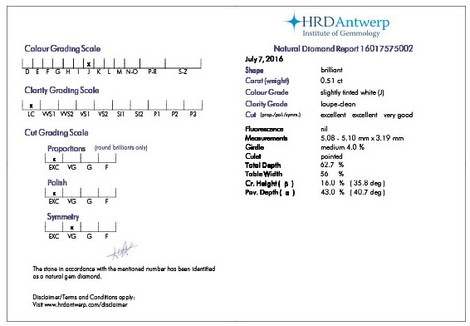 Gutachten zu Diamant Brillant leicht getöntes Weiss lupenrein 0,51 ct