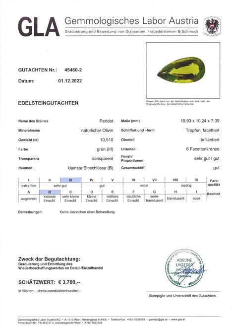 Gutachten zu Peridot Tropfen grün 10,51 ct