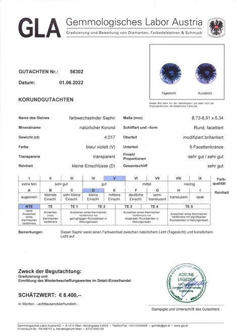 Gutachten zu Saphir rund blauviolett unbehandelt 4,01 ct