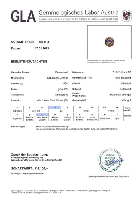 Gutachten zu Demantoid Granat rund-brillantiert grün 1,96 ct