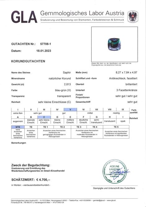 Gutachten zu Saphir antik blaugrün ungebrannt 2,81 ct