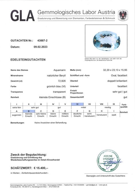 Gutachten zu Aquamarin oval ungebrannt 72,82 ct