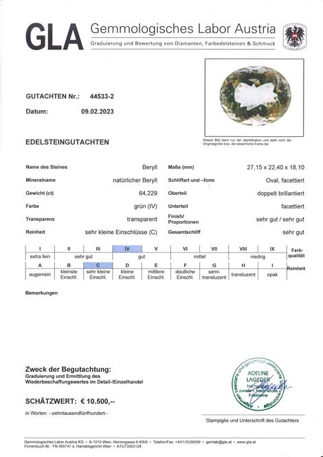 Gutachten zu Edelberyll oval hellgrün unbehandelt 64,22 ct.