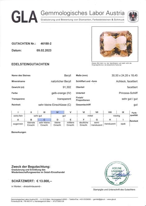 Gutachten zu Beryl octagon 91.30 ct