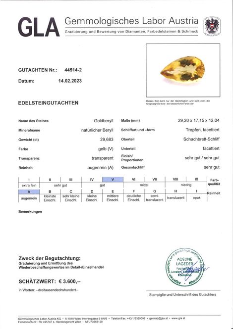 Gutachten zu Goldberyll Tropfen gelb 29,68 ct