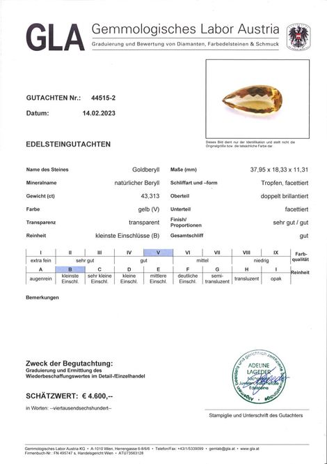 Gutachten zu Goldberyll Tropfen gelb 43,31 ct