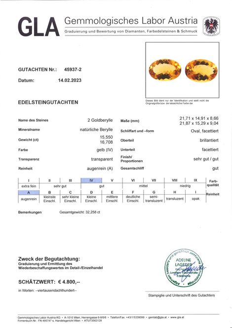 Gutachten zu Golden Beryl Pair oval 32.25 ct