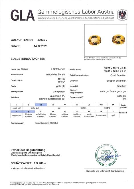 Gutachten zu Golden Beryl Pair oval golden yellow 21.26 ct