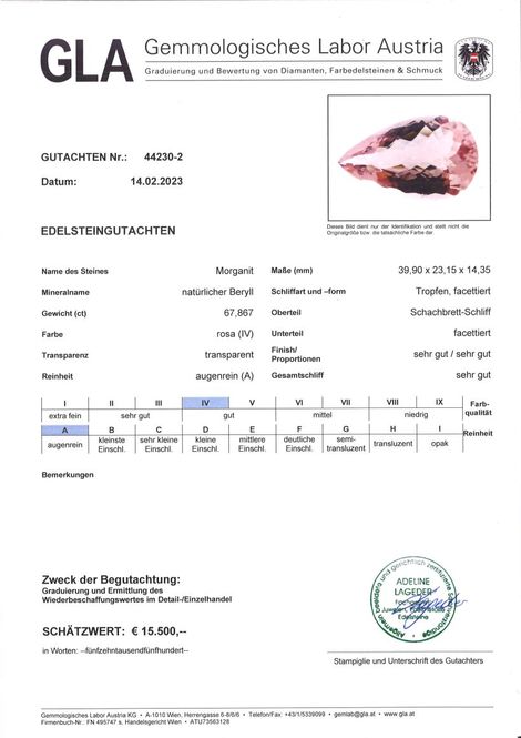 Gutachten zu Morganit Tropfen-Schachbrett 67,86 ct