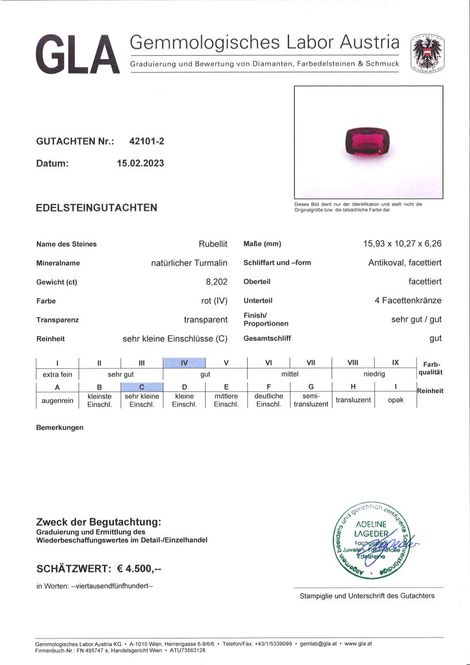 Gutachten zu Rubellit Turmalin antikoval 8,20 ct