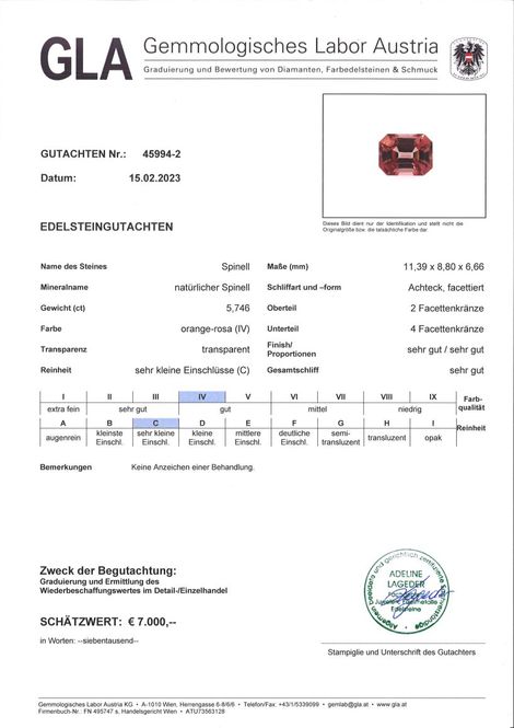 Gutachten zu Spinell octagon rosa-orange 5,74 ct