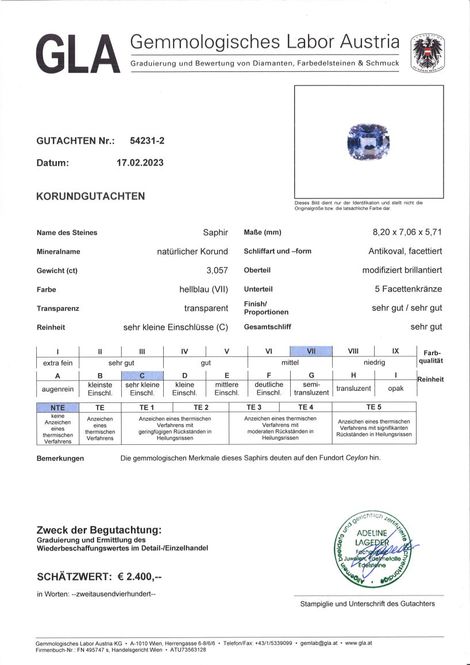 Gutachten zu Saphir antik hellblau ungebrannt 3,06 ct