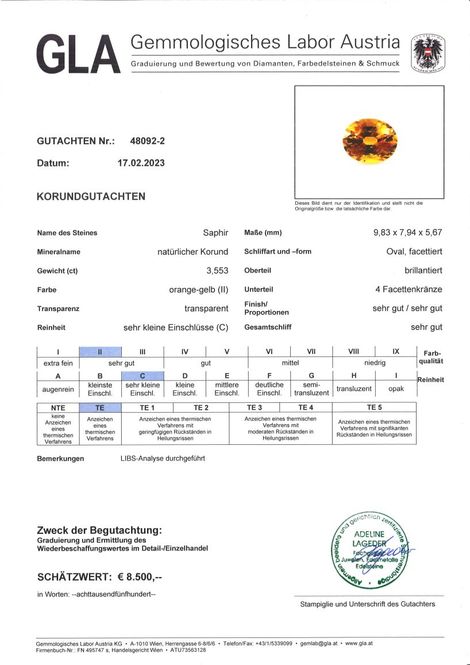 Gutachten zu Saphir oval gelborange 3,55 ct