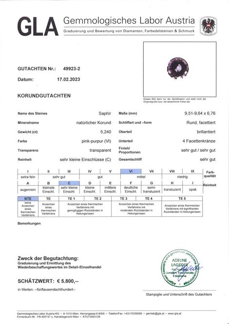 Gutachten zu Saphir rund purpur ungebrannt 5,24 ct