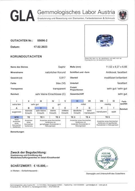 Gutachten zu Saphir antikoval blau unbehandelt 5,81 ct