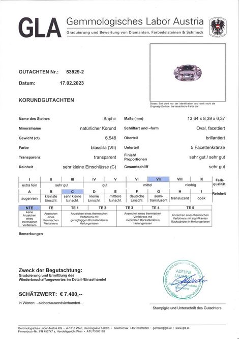 Gutachten zu Sapphire oval unheated helles lilac 6.54 ct