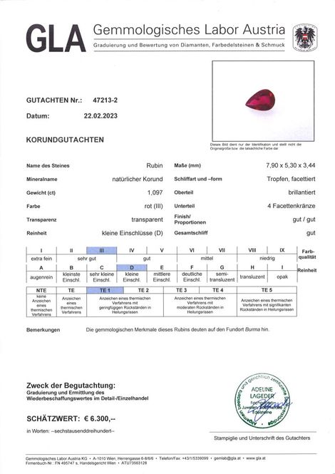 Gutachten zu Burma Ruby pear 1.09 ct