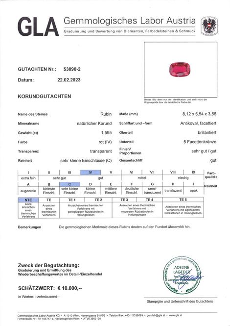 Gutachten zu Rubin antikoval rot ungebrannt 1,59 ct.