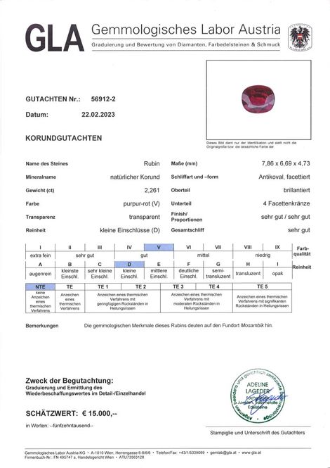 Gutachten zu Rubin antikoval purpurrot ungebrannt 2,26 ct