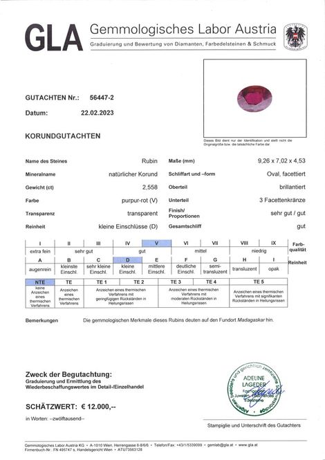 Gutachten zu Ruby oval purple red unheated 2.55 ct.