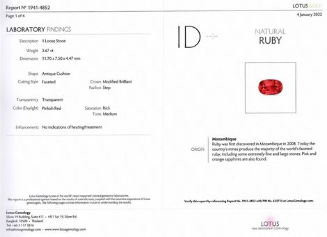 Gutachten zu Ruby cushion pinkish red unheated 3.67 ct.