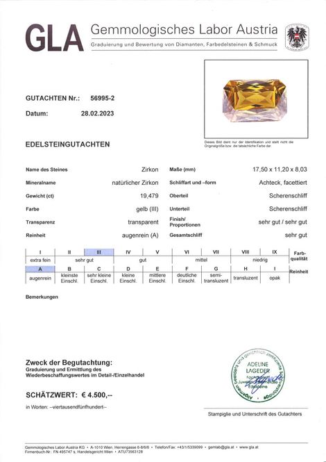 Gutachten zu Zirkon octagon gelb unbehandelt 19,47 ct