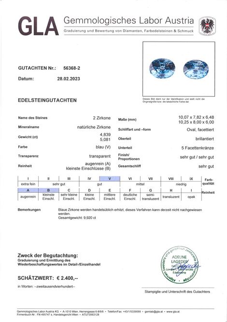 Gutachten zu Zircon Pair oval blue 9.92 ct