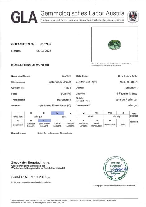 Gutachten zu Tsavorite Garnet oval green 1.87 ct