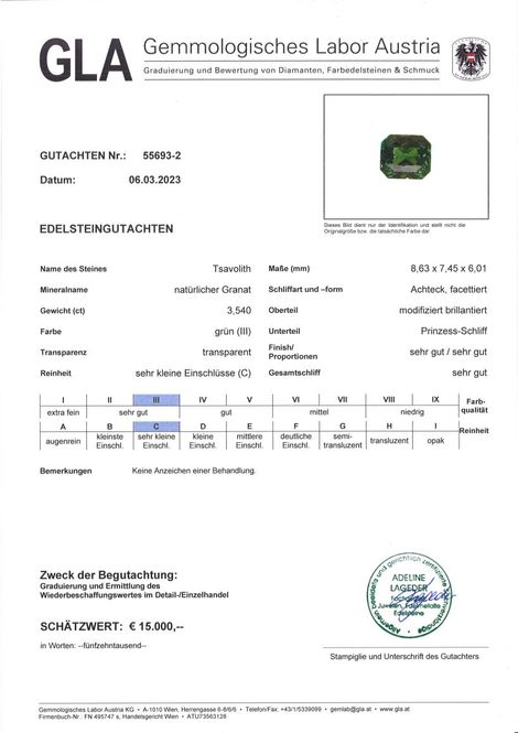 Gutachten zu Tsavorit Granat octagon intensives Grün 3,54 ct