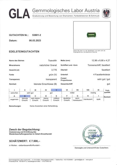 Gutachten zu Tsavorit Granat Tonne grün 3,77 ct