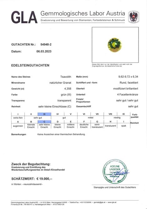 Gutachten zu Tsavorit Granat rund grün unbehandelt 4,35 ct