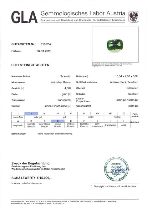 Gutachten zu Tsavorit Granat antik intensives Grasgrün 4,38 ct