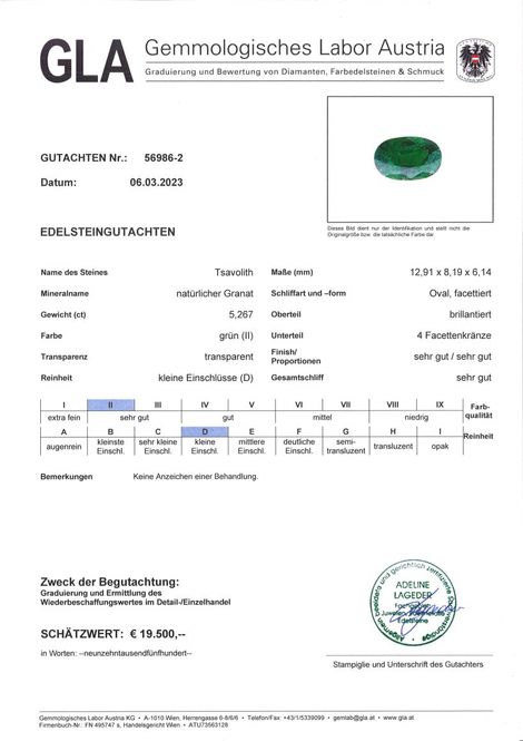 Gutachten zu Granat Tsavorit oval intensives Grün 5,26 ct