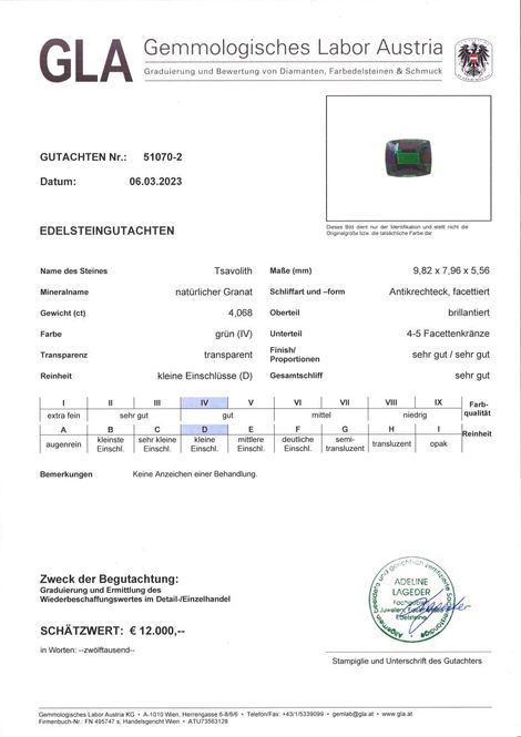 Gutachten zu Tsavorit Granat antik grün 4,06 ct.