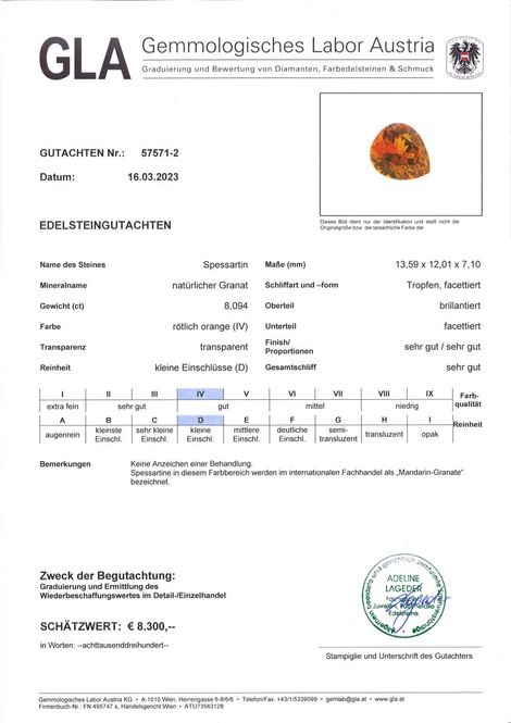 Gutachten zu Mandarin-Granat Tropfen rötlich-orange 8,09 ct